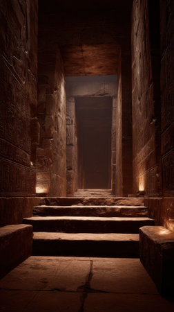 An ancient pyramid interior dimly lit with hieroglyphs, dusty stone steps, mysterious atmosphereの素材