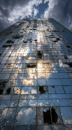 An abandoned skyscraper with shattered glass windows reflecting dramatic sky and cloudsの素材
