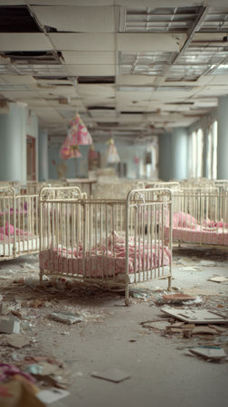 An abandoned childrens hospital empty cribs decaying, peeling paint, broken ceiling, debrisの素材