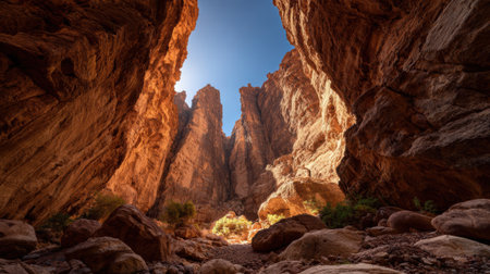 A desert canyon rocky landscape narrow sky sunlight dramatic arid nature adventureの素材