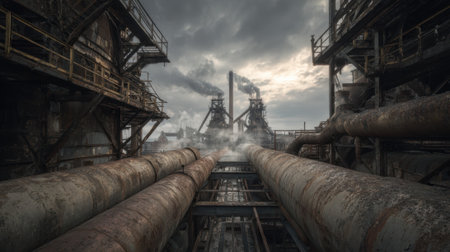 A rusty pipe, decaying industrial complex, smoke, overcast sky, abandoned, dramatic moodの素材