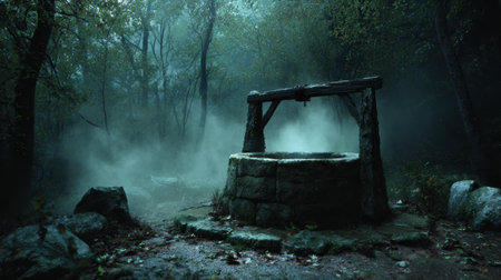 An ancient stone well in dark misty forest, eerie atmosphere, glowing light, mysterious moodの素材