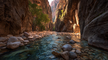 A deep canyon floor with towering rock walls, clear stream, sunlight, and lush green treesの素材