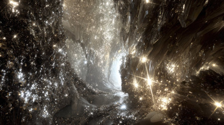 A crystal encrusted cavern sparkling walls light reflection magical atmosphere fantasy landscapeの素材