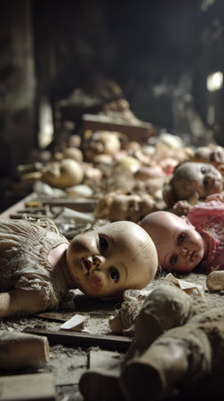 An abandoned doll factory broken doll head scattered dust eerie decay childhood lostの素材