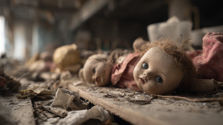 An abandoned doll factory creepy broken dolls scattered on dusty wooden shelf eerie atmosphereの素材