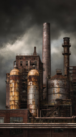 A decaying industrial complex rusting pipes broken window dramatic sky abandoned factoryの素材