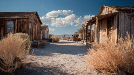 An old wooden buildings desert ghost town tumbleweed dry landscape blue skyの素材