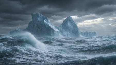 A massive icebergs in stormy sea with dramatic clouds, cold powerful waves, arctic landscapeの素材