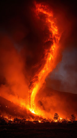 A massive wildfire creating fire tornado with intense flames and dramatic night skyの素材