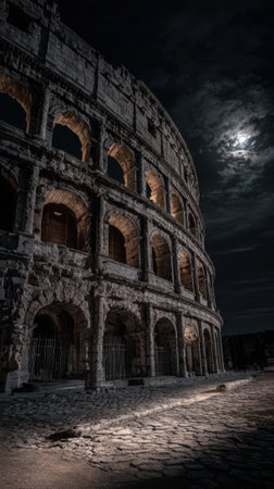 An ancient roman coliseum ruins night moonlight shadow dramatic architecture stone historicの素材