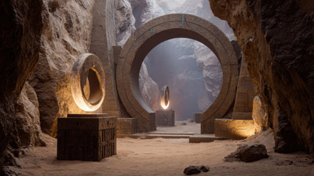 An ancient alien ruin interior with stone arch, mysterious artifact, and dramatic lightingの素材