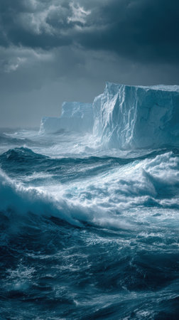 A massive icebergs and stormy sea with powerful waves under dramatic cloudy skyの素材