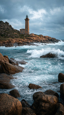 An old lighthouse rocky coast stormy weather ocean wave dramatic sky rugged landscapeの素材
