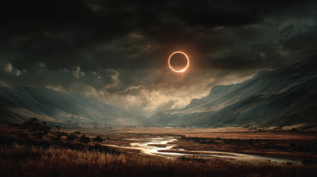 A solar eclipse over dramatic mountain valley landscape with river moody sky, mysterious lightの素材