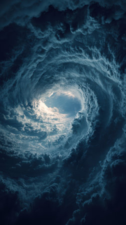 A hurricane eye calm center, swirling cloud, dramatic sky, storm, powerful weather phenomenonの素材