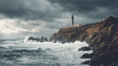 An old lighthouse on rocky coast with stormy waves and dramatic sky, sense of isolation and powerの素材
