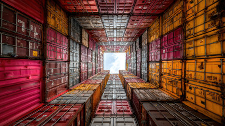 A colorful shipping container stack geometric pattern, empty interior, upward view, industrial mの素材