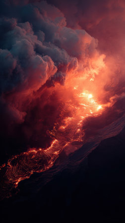 A molten lava glowing smoke volcano eruption dramatic landscape intense heatの素材