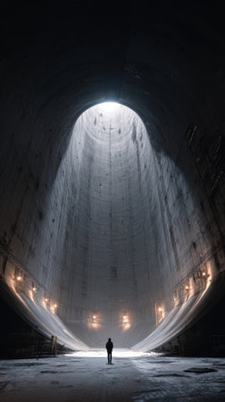 A vast industrial silo interior circular light dramatic shadow concrete structure solitary personの素材