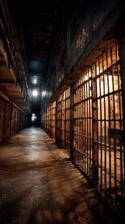 An old prison cell block with empty cells, peeling paint, harsh lighting, and dramatic shadowsの素材