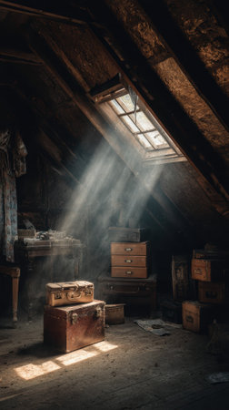 An old attic sunlight, dusty wooden floor, vintage trunk, nostalgic mood, forgotten treasureの素材