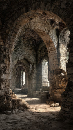 A ruined castle interior crumbling stone archways ancient architecture dramatic light shadowの素材