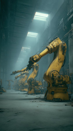 An abandoned robotic arm industrial yellow dusty factory moody atmospheric large metalの素材