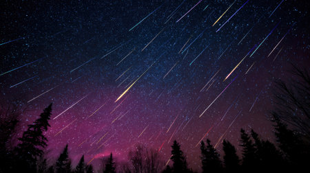 A meteor shower night sky streaks of light silhouette forest purple blue peacefulの素材