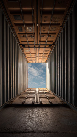 An inside large empty shipping container stack, geometric lines frame open sky aboveの素材