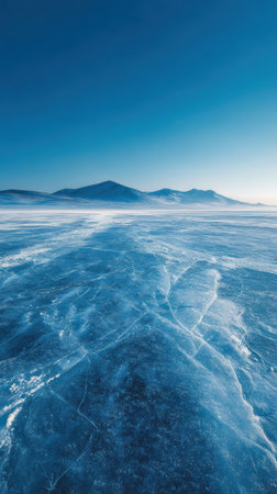 A frozen icy blue arctic landscape with vast empty ice field and distant mountain under clear skyの素材