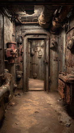 An underground bunker rusty metal old machinery industrial abandoned corridor pipes grunge decayの素材