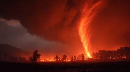 A massive wildfire, fire tornado, intense flames, dramatic sky, forest burning, nightの素材