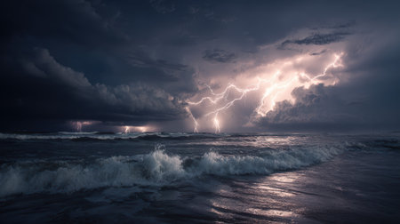 A lightning storm over ocean with dramatic clouds, crashing waves, and intense night atmosphereの素材