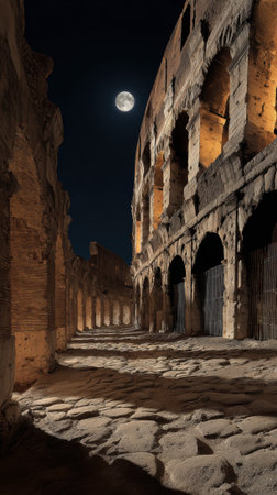 An ancient roman coliseum ruins illuminated by moonlight, dramatic shadows, historic architectureの素材