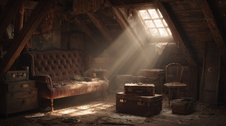 An old attic, dusty, sunlight, vintage sofa, forgotten treasure, nostalgic moodの素材