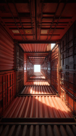 A stack shipping container geometric empty industrial red metal create dramatic tunnel effectの素材