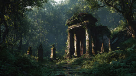 An ancient temple jungle overgrown stone ruin mysterious sunlight lush vegetationの素材