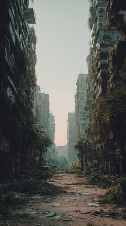 A post apocalyptic city street, destroyed buildings, overgrown plants, abandoned, urban decayの素材