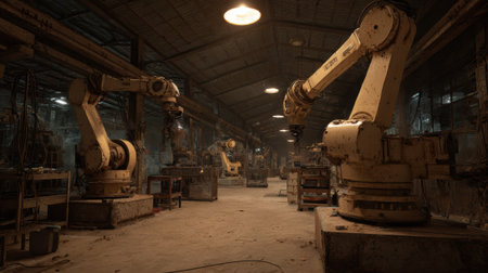 An industrial robot factory manufacturing dusty inactive abandoned machinery largeの素材