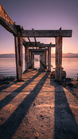 An old decaying wooden pier at sunset with long shadows and calm water, tranquil atmosphereの素材