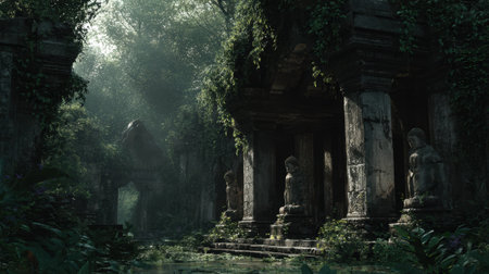 An ancient temple ruin overgrown with lush jungle, stone statues, mystical atmosphereの素材