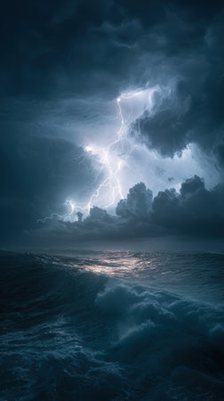 A lightning storm over vast ocean with dramatic clouds, crashing waves, and intense atmosphereの素材