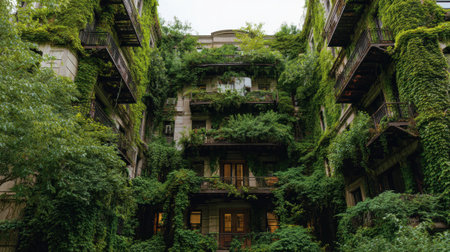 A lush green vines cover apartment building facade, creating serene urban jungle atmosphereの素材