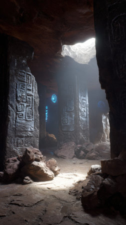 An ancient ruin stone pillar glowing symbol mysterious cave alien light beam rocky floorの素材