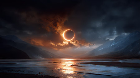A solar eclipse over dramatic mountain landscape with glowing sky and reflective water at sunsetの素材