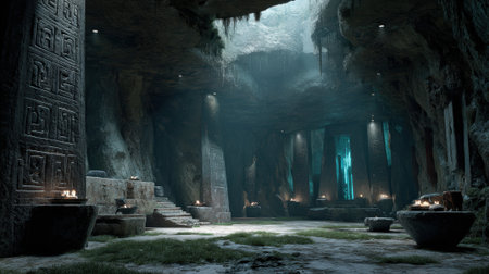 An ancient alien ruin interior with stone pillars, glowing blue light, mysterious atmosphereの素材