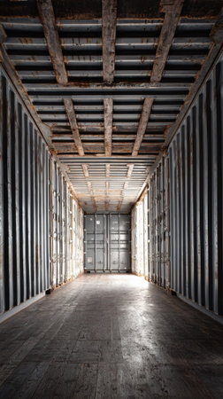 An empty shipping container interior with metal walls, wooden floor, industrial, geometricの素材