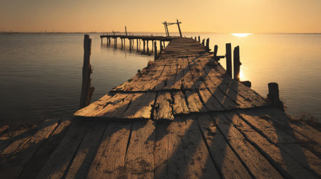 An old wooden pier sunset long shadows calm water tranquil scene peaceful evening reflectionの素材