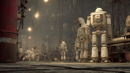 A robot, factory, industrial, inactive, dusty robots stand inactive dusty industrial factoryの素材